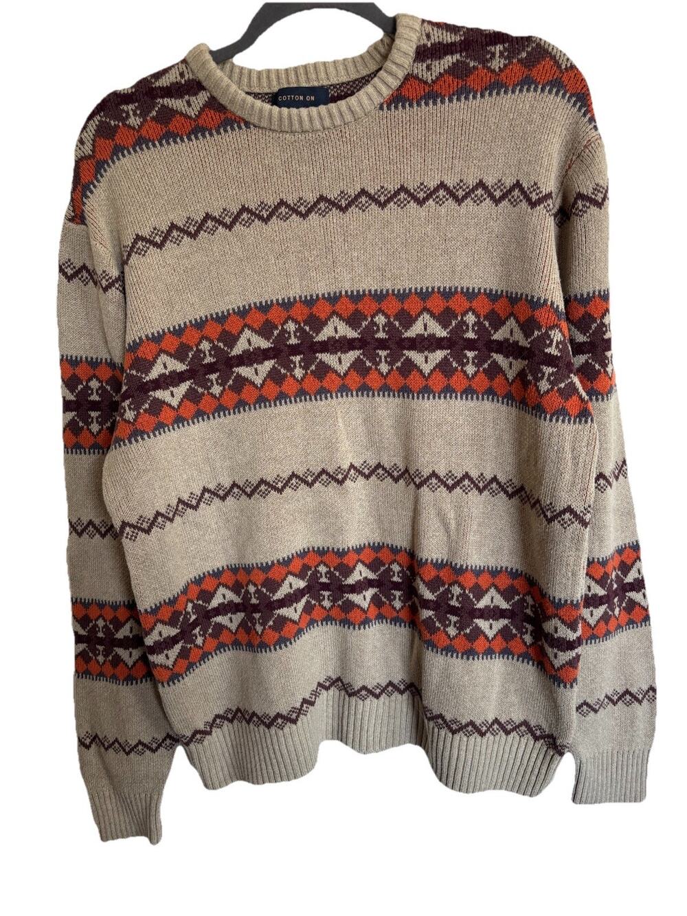 Cotton On Men’s Crew Neck Sweater Sz M Aztec Print 100% Cotton Outdoors Preppy